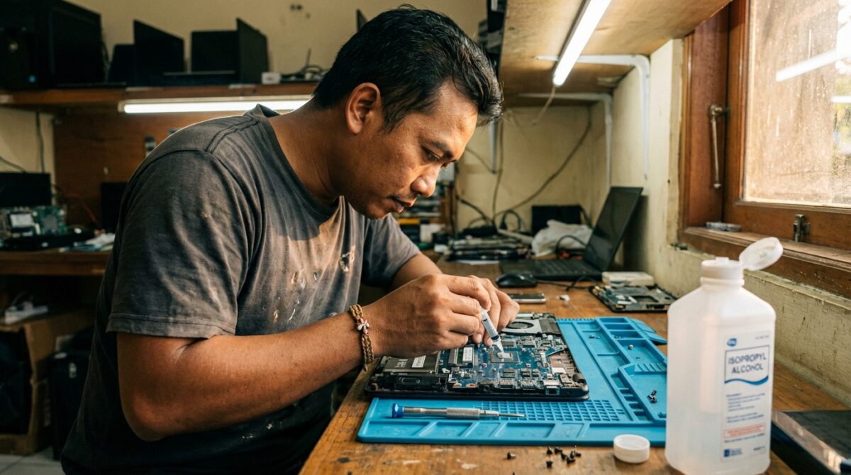 Panduan teknis cara ganti thermal paste laptop menggunakan metode pea-sized dan pembersihan die CPU menggunakan Isopropyl Alcohol untuk mengatasi overheat.
