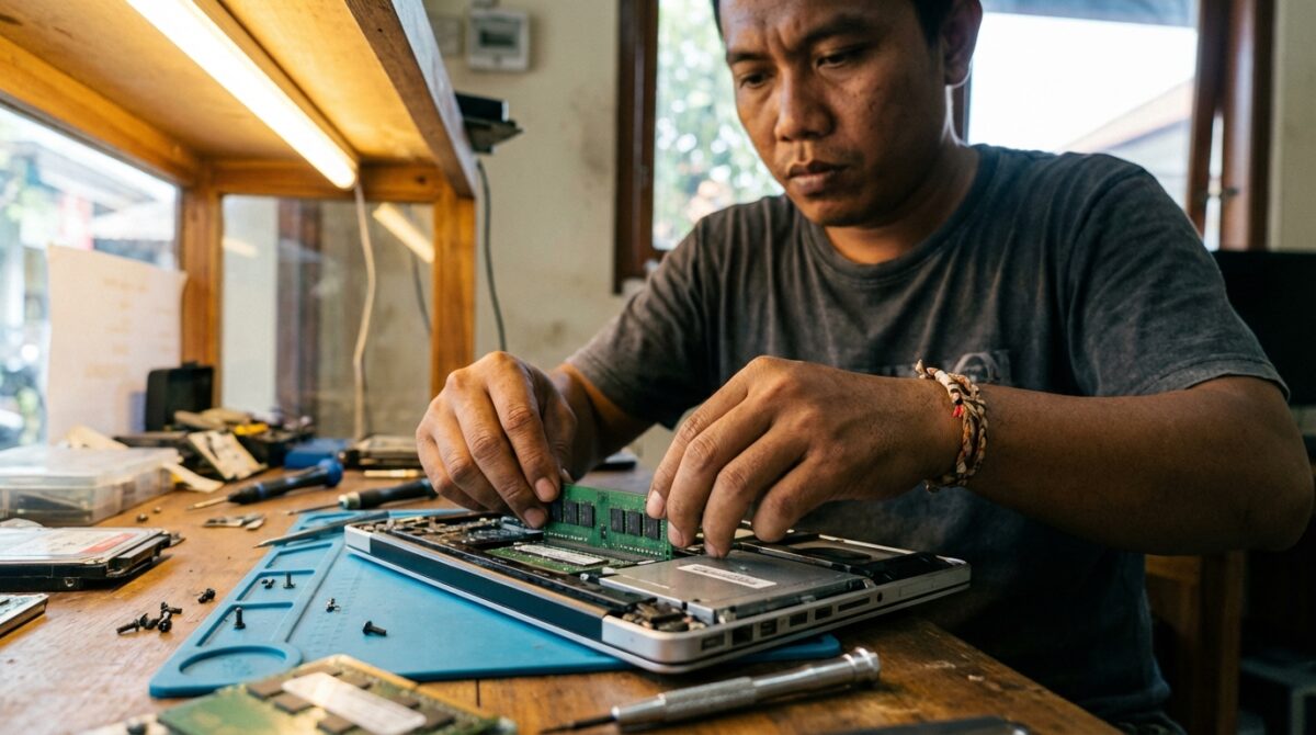 Panduan teknis cara menambah RAM laptop Advan Workpro Lite menggunakan modul SODIMM DDR4 3200MHz untuk meningkatkan performa multitasking.