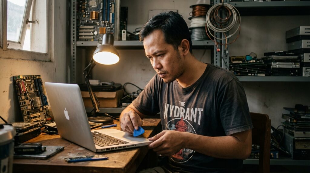 Made Arya Yudhistira (Bli Made) sedang mempraktekkan panduan upgrade laptop dengan memasang RAM DDR4 ke slot motherboard secara hati-hati di bengkel servis.