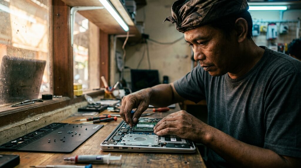 Made Arya Yudhistira (Bli Made) sedang mempraktekkan panduan upgrade laptop dengan memasang RAM DDR4 ke slot motherboard secara hati-hati di bengkel servis.