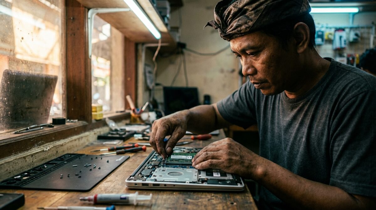 Made Arya Yudhistira (Bli Made) sedang mempraktekkan panduan upgrade laptop dengan memasang RAM DDR4 ke slot motherboard secara hati-hati di bengkel servis.