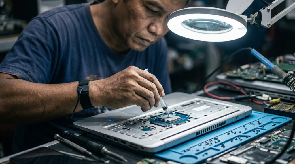 Made Arya Yudhistira (Bli Made) sedang mempraktekkan panduan upgrade laptop dengan memasang RAM DDR4 ke slot motherboard secara hati-hati di bengkel servis.