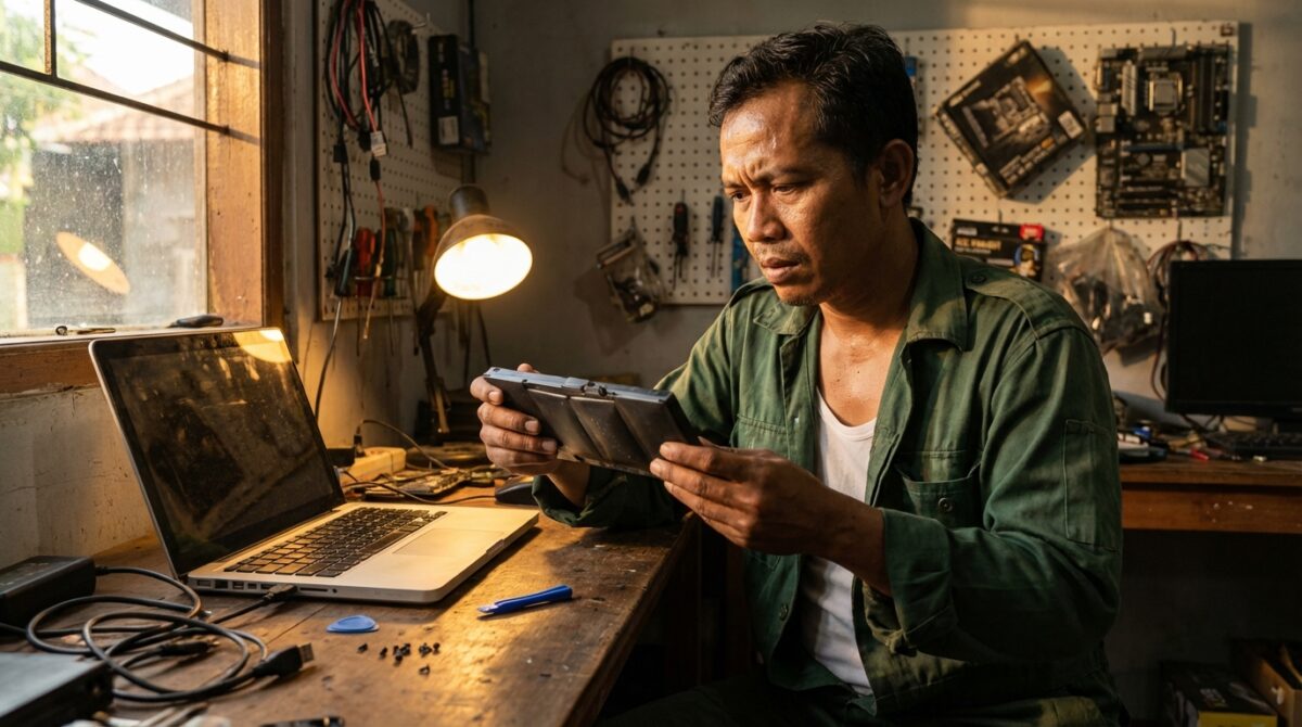 Teknisi laptop sedang mengecek kesehatan baterai yang drop menggunakan alat ukur di bengkel servis komputer untuk mengatasi penyebab baterai laptop boros.