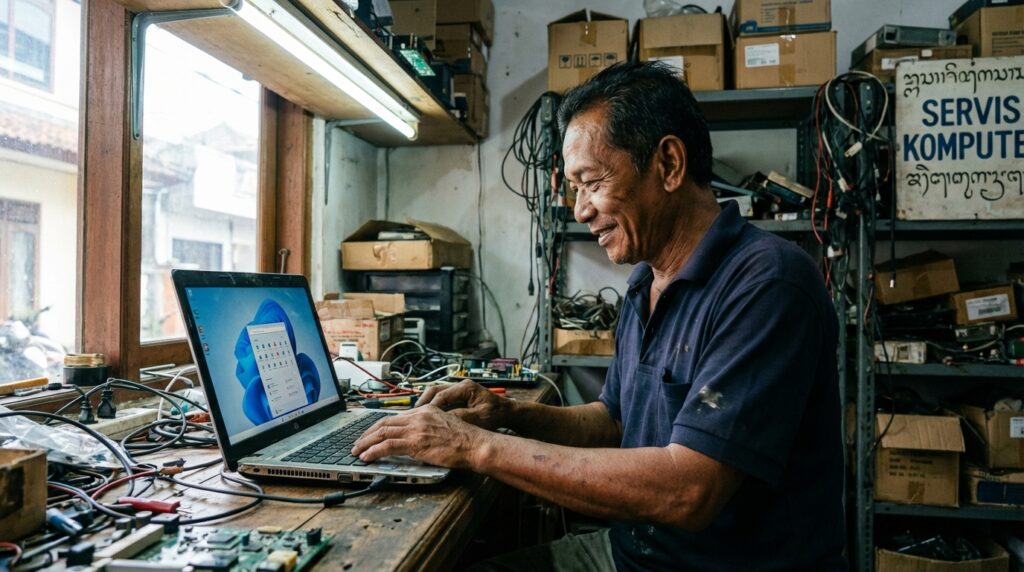 Bli Made sedang melakukan optimasi software Windows 11 pada laptop enty-level menggunakan PowerShell di bengkel komputer Denpasar.