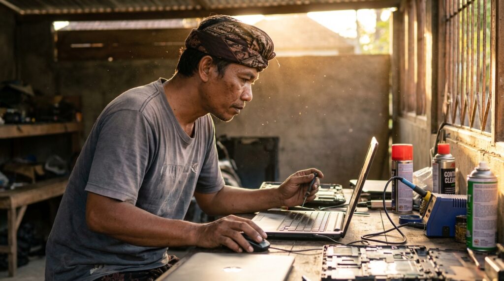 Bli Made sedang melakukan optimasi software Windows 11 pada laptop enty-level menggunakan PowerShell di bengkel komputer Denpasar.