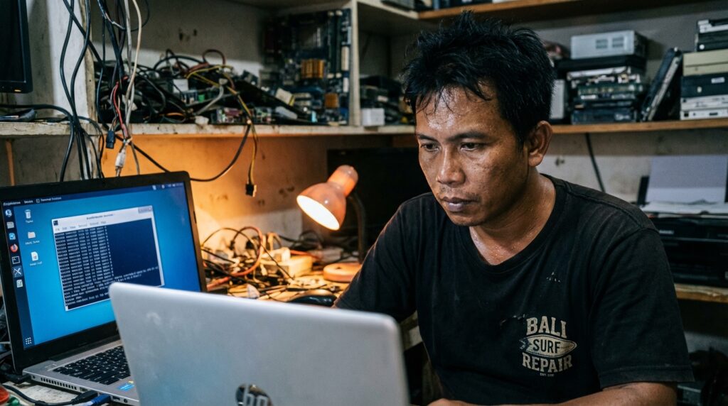 Bli Made sedang melakukan optimasi software Windows 11 pada laptop enty-level menggunakan PowerShell di bengkel komputer Denpasar.