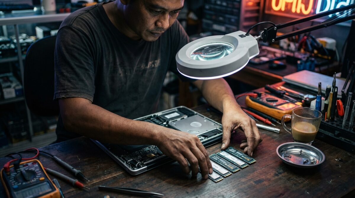 Rekomendasi 5 SSD NVMe murah terbaik 2026 untuk upgrade laptop agar lebih kencang, menampilkan perbandingan Lexar, Adata, dan Crucial.