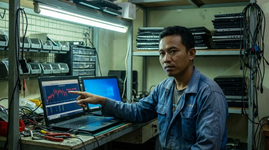 Bli Made sedang mengecek kesehatan baterai dan kondisi fisik motherboard laptop bekas menggunakan obeng presisi di bengkel servis Denpasar.