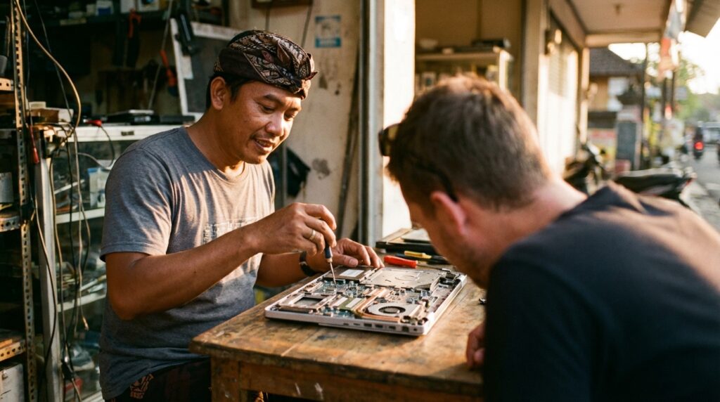 Bli Made sedang mengecek kesehatan baterai dan kondisi fisik motherboard laptop bekas menggunakan obeng presisi di bengkel servis Denpasar.