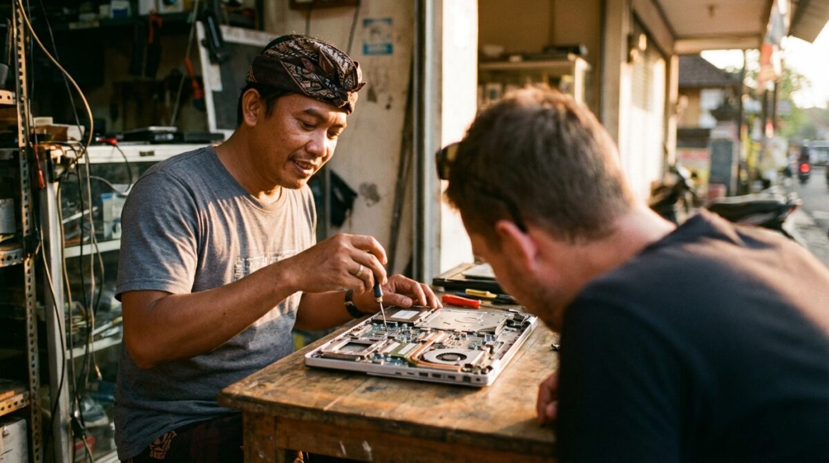 Bli Made sedang mengecek kesehatan baterai dan kondisi fisik motherboard laptop bekas menggunakan obeng presisi di bengkel servis Denpasar.