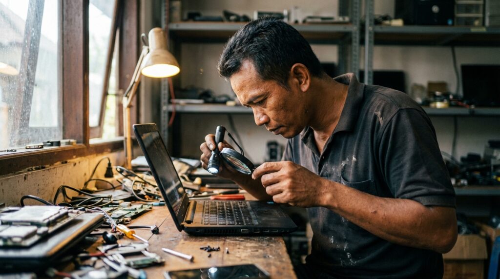 Bli Made sedang mengecek kesehatan baterai dan kondisi fisik motherboard laptop bekas menggunakan obeng presisi di bengkel servis Denpasar.