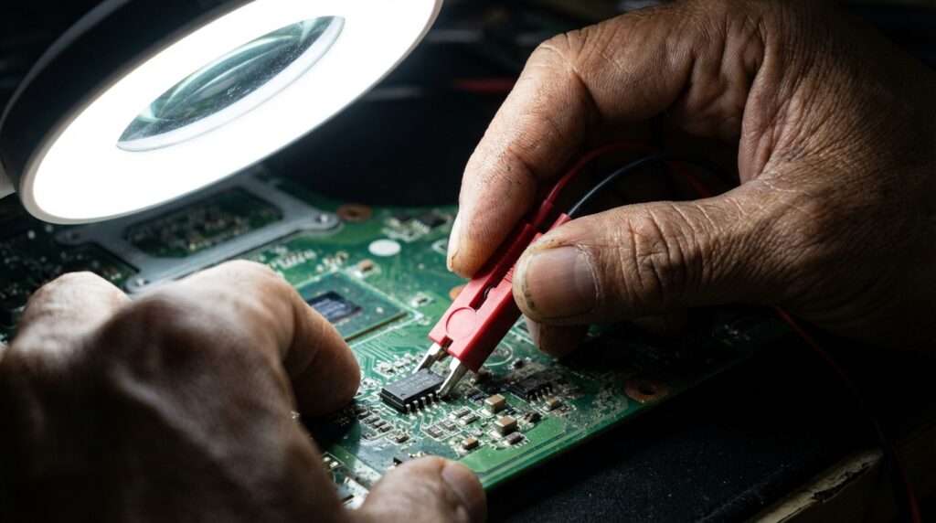 Proses penjepitan IC BIOS menggunakan SOP8 Clip dan USB Programmer CH341A pada motherboard laptop yang mati total.