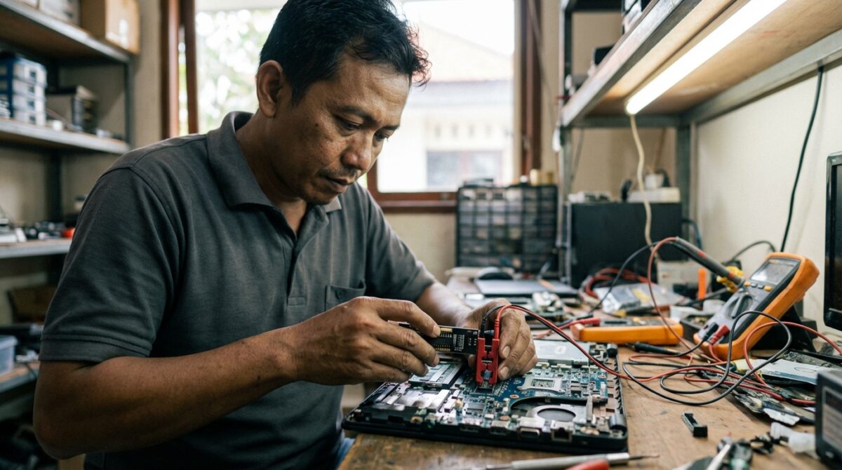 Proses penjepitan IC BIOS menggunakan SOP8 Clip dan USB Programmer CH341A pada motherboard laptop yang mati total.
