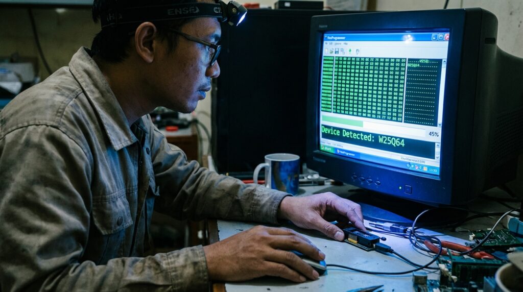 Proses penjepitan IC BIOS menggunakan SOP8 Clip dan USB Programmer CH341A pada motherboard laptop yang mati total.