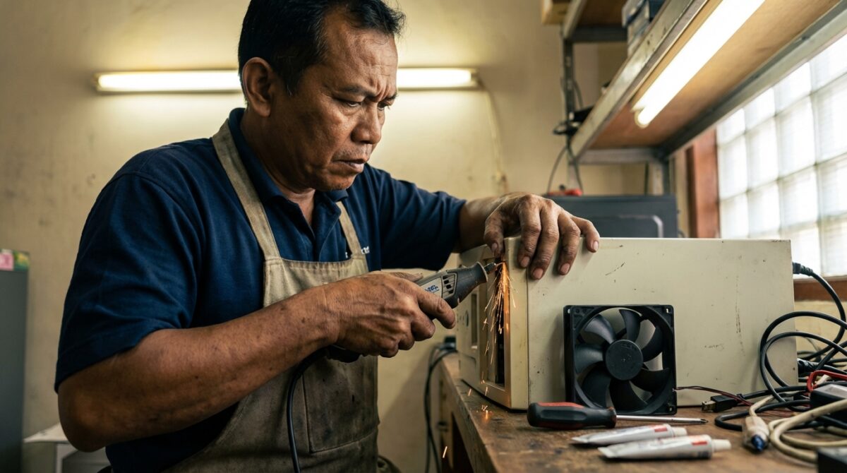 Teknisi sedang melubangi bagian depan casing PC jadul menggunakan hole saw untuk meningkatkan airflow sirkulasi udara.
