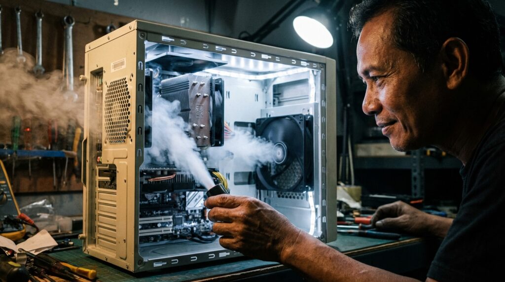 Teknisi sedang melubangi bagian depan casing PC jadul menggunakan hole saw untuk meningkatkan airflow sirkulasi udara.
