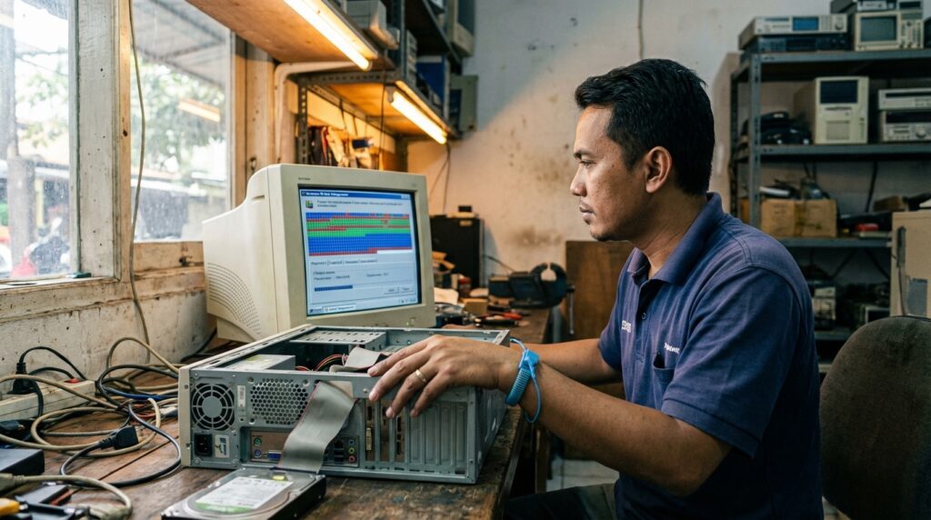 Proses defrag hardisk lama pada Windows XP menggunakan software pihak ketiga untuk optimasi PC lawas.
