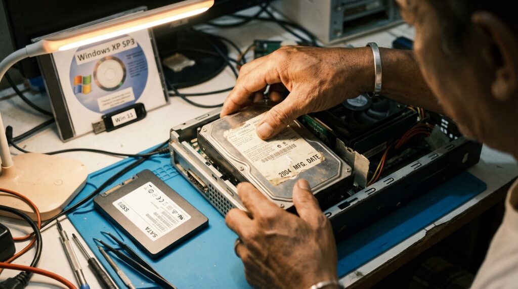 Panduan teknis cara melakukan dual boot antara sistem operasi lama dan modern pada satu komputer oleh teknisi hardware.