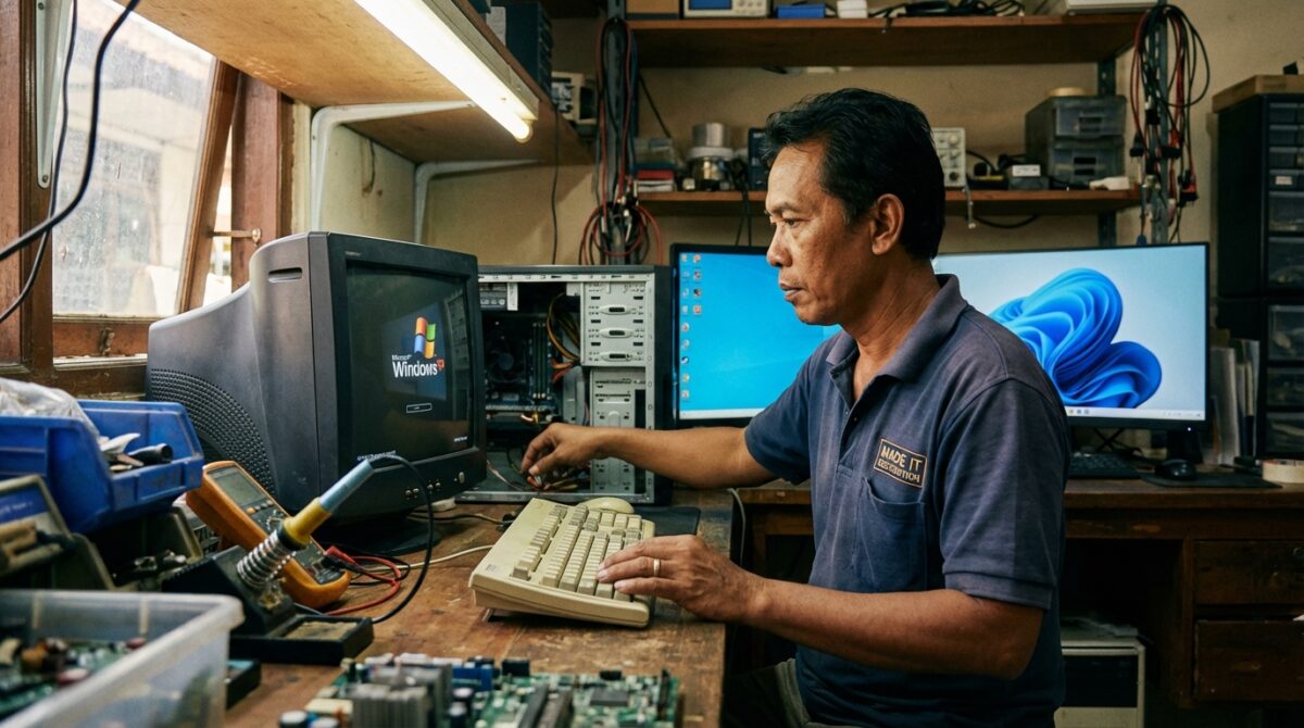 Panduan teknis cara melakukan dual boot antara sistem operasi lama dan modern pada satu komputer oleh teknisi hardware.