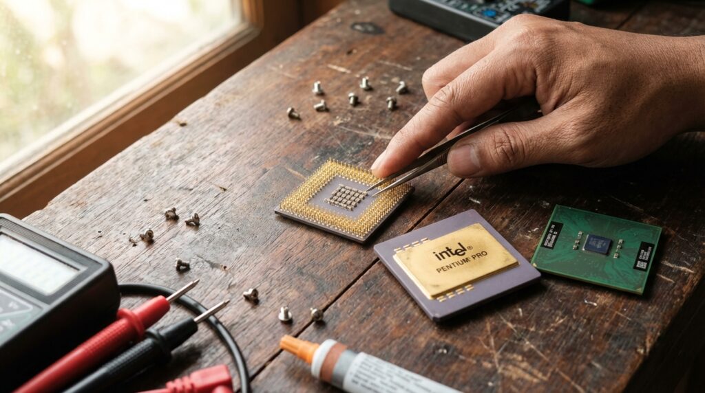 Perbandingan visual kaki prosesor Intel Pentium Pro yang dilapisi emas murni dengan prosesor modern.