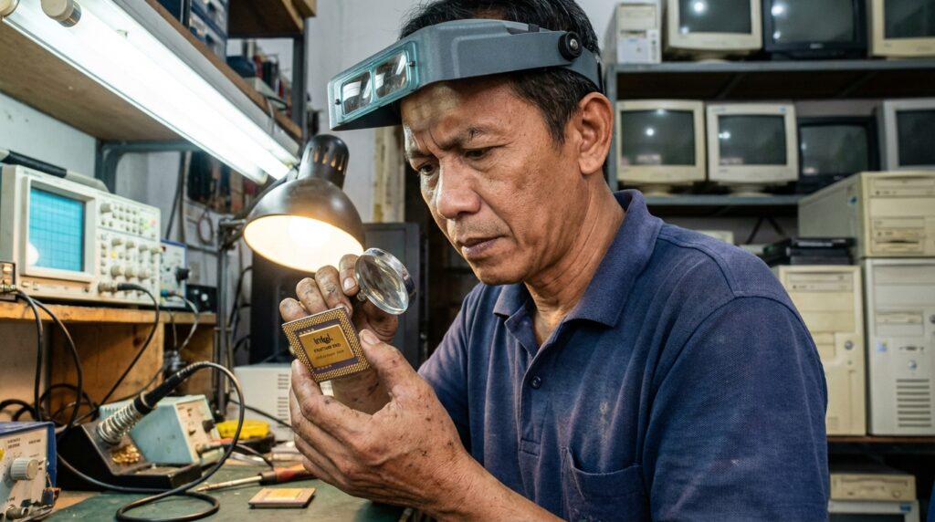 Perbandingan visual kaki prosesor Intel Pentium Pro yang dilapisi emas murni dengan prosesor modern.