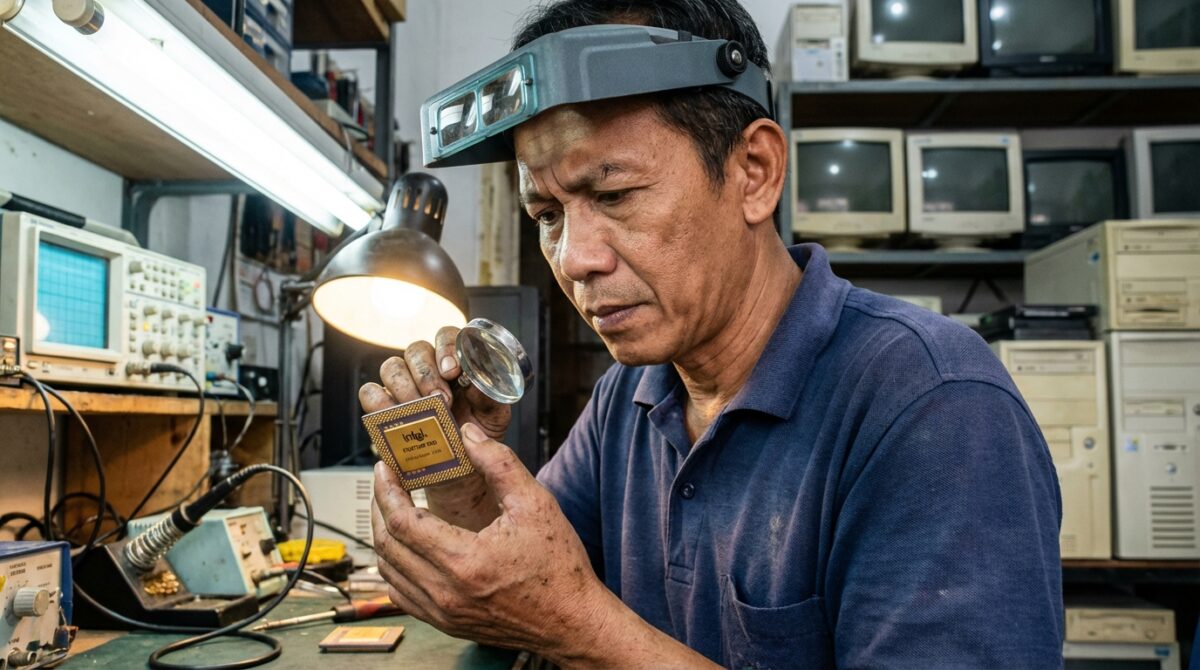 Perbandingan visual kaki prosesor Intel Pentium Pro yang dilapisi emas murni dengan prosesor modern.