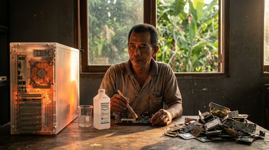 Perbandingan visual kaki prosesor Intel Pentium Pro yang dilapisi emas murni dengan prosesor modern.