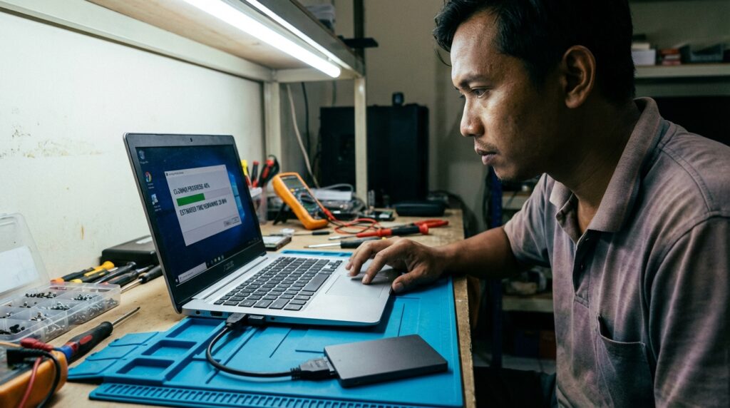 Panduan teknisi cara ganti HDD ke SSD laptop tanpa instal ulang menggunakan metode cloning data.
