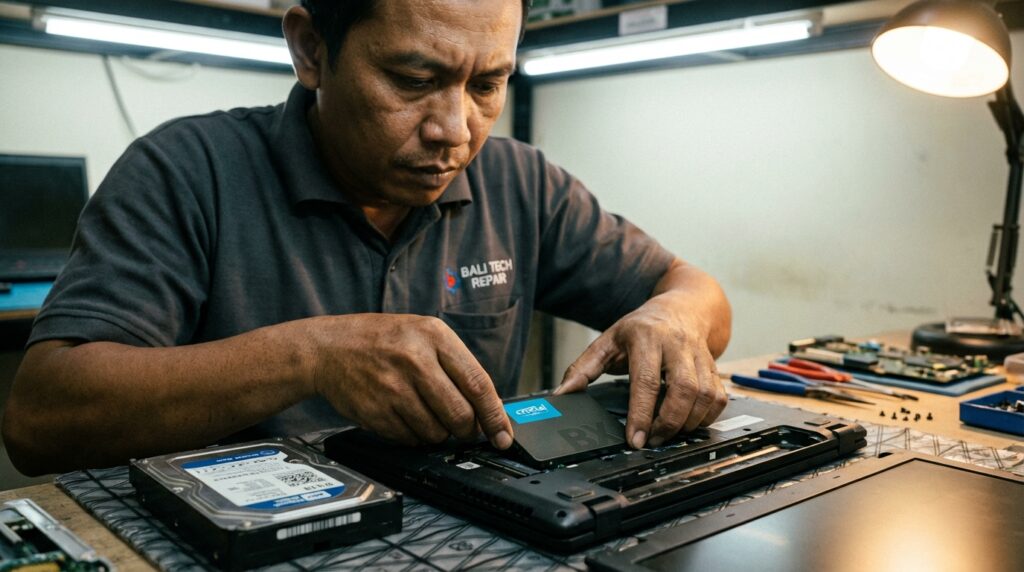 Panduan teknisi cara ganti HDD ke SSD laptop tanpa instal ulang menggunakan metode cloning data.