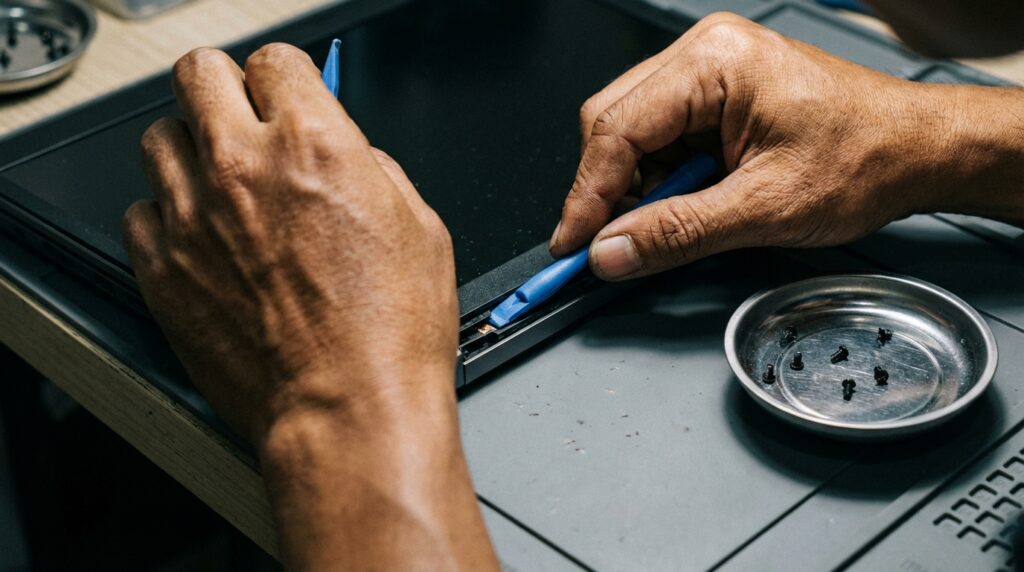 Panduan teknisi cara ganti LCD laptop bergaris menggunakan obeng presisi dan panel baru yang sesuai spesifikasi eDP.