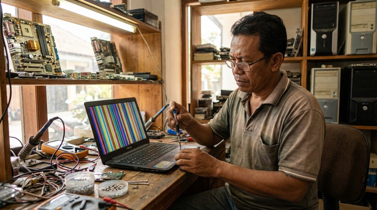 Panduan teknisi cara ganti LCD laptop bergaris menggunakan obeng presisi dan panel baru yang sesuai spesifikasi eDP.