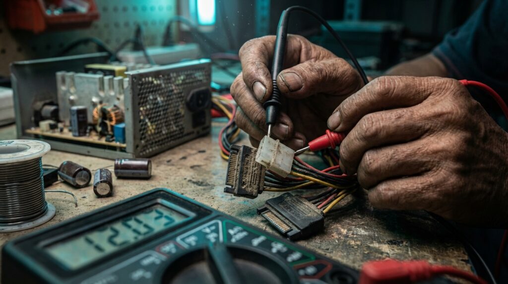 Perbandingan fisik konektor hardisk IDE 40-pin dan konektor SATA 7-pin pada motherboard lama.