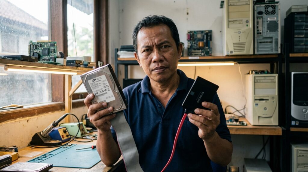 Perbandingan fisik konektor hardisk IDE 40-pin dan konektor SATA 7-pin pada motherboard lama.