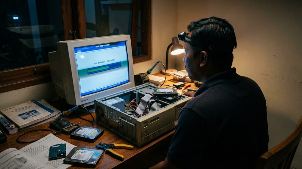 Perbandingan fisik konektor hardisk IDE 40-pin dan konektor SATA 7-pin pada motherboard lama.