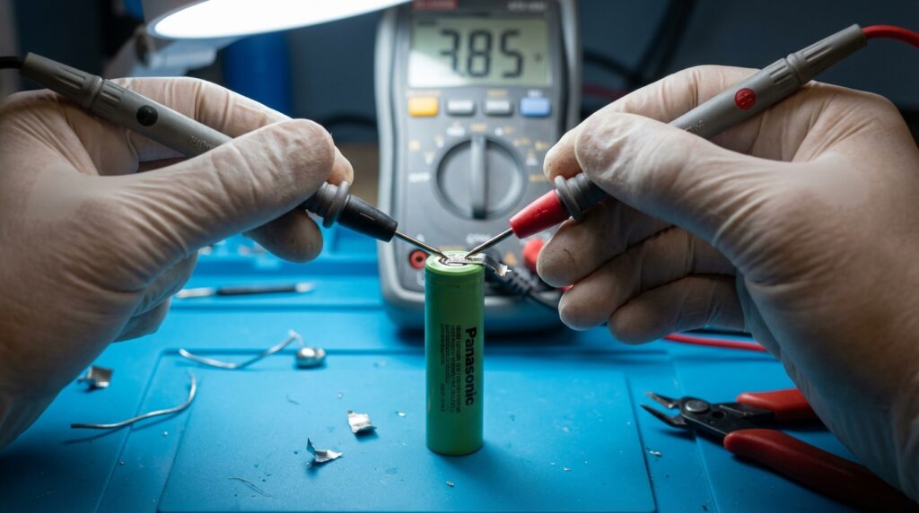 Teknisi sedang melakukan proses kanibal baterai laptop usang untuk mengambil cell 18650 menggunakan multimeter.