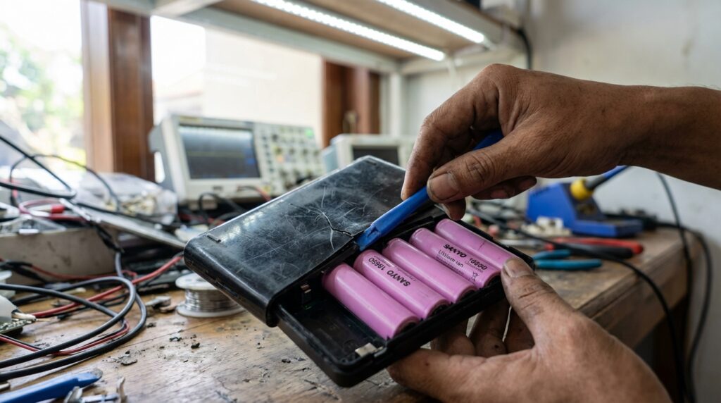Teknisi sedang melakukan proses kanibal baterai laptop usang untuk mengambil cell 18650 menggunakan multimeter.