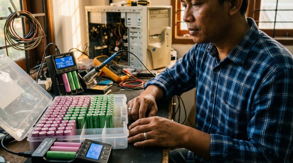 Teknisi sedang melakukan proses kanibal baterai laptop usang untuk mengambil cell 18650 menggunakan multimeter.