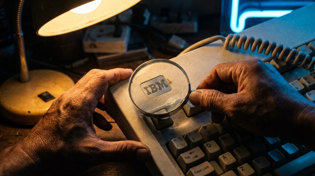 Restorasi keyboard mekanik IBM Model M jadul dengan mekanisme buckling spring oleh teknisi hardware.