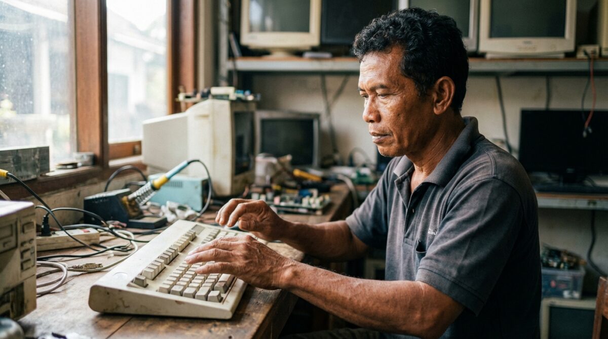 Restorasi keyboard mekanik IBM Model M jadul dengan mekanisme buckling spring oleh teknisi hardware.