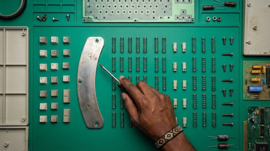 Restorasi keyboard mekanik IBM Model M jadul dengan mekanisme buckling spring oleh teknisi hardware.
