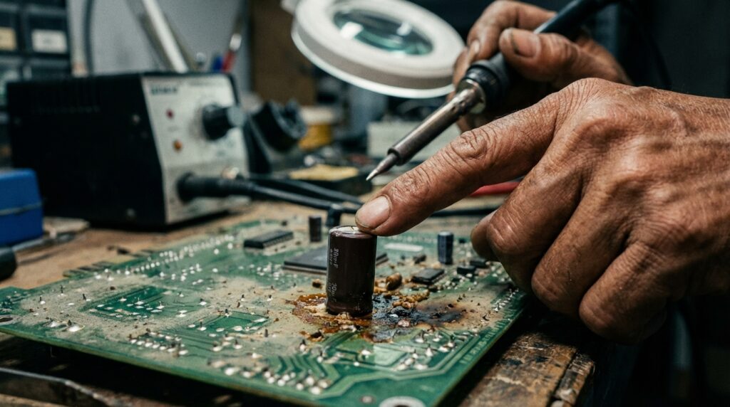 Koleksi komponen PC retro terbaik era 2000-an seperti motherboard ASUS, kartu grafis AGP, dan prosesor Intel Pentium yang direstorasi.