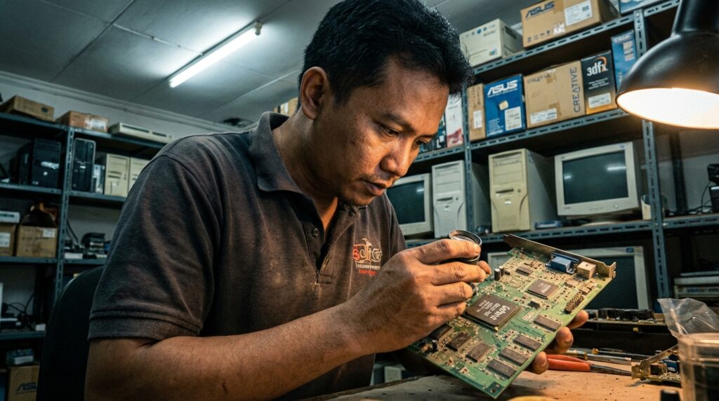Koleksi komponen PC retro terbaik era 2000-an seperti motherboard ASUS, kartu grafis AGP, dan prosesor Intel Pentium yang direstorasi.