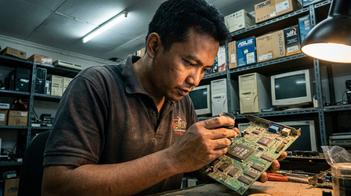 Koleksi komponen PC retro terbaik era 2000-an seperti motherboard ASUS, kartu grafis AGP, dan prosesor Intel Pentium yang direstorasi.