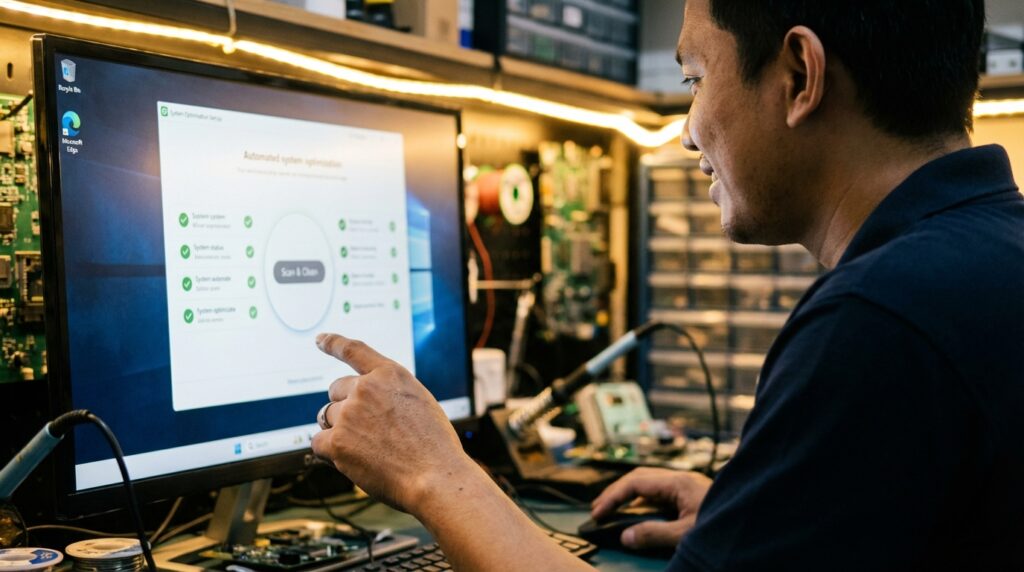 Teknisi sedang melakukan pembersihan registry Windows usang secara manual melalui Registry Editor untuk optimasi PC.