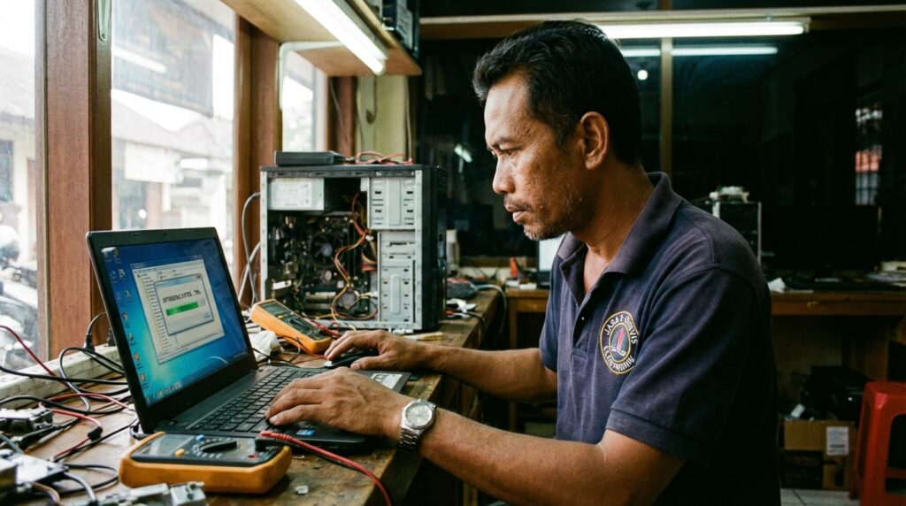 Teknisi sedang melakukan pembersihan registry Windows usang secara manual melalui Registry Editor untuk optimasi PC.