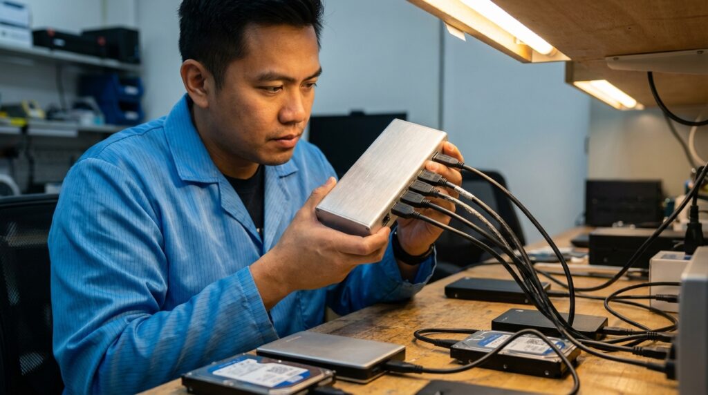 Teknisi sedang memasang adapter ExpressCard untuk menambah port USB 3.0 pada laptop lawas.