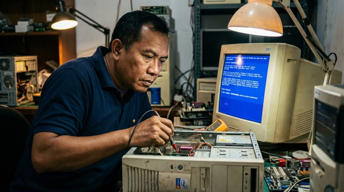 Teknisi sedang memperbaiki motherboard PC lawas yang mengalami blue screen 0x00000050 di Windows XP.