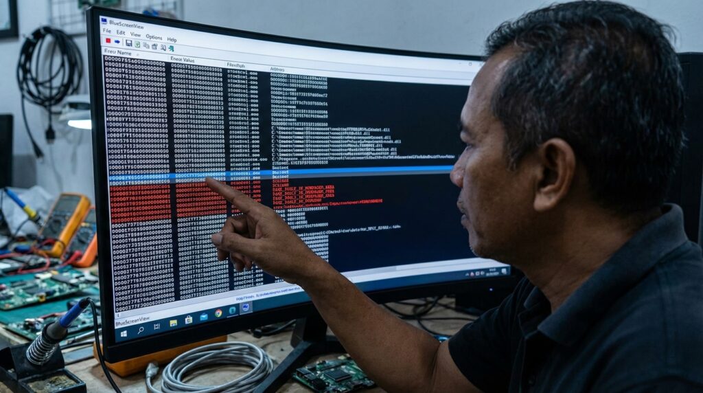 Teknisi sedang memperbaiki motherboard PC lawas yang mengalami blue screen 0x00000050 di Windows XP.