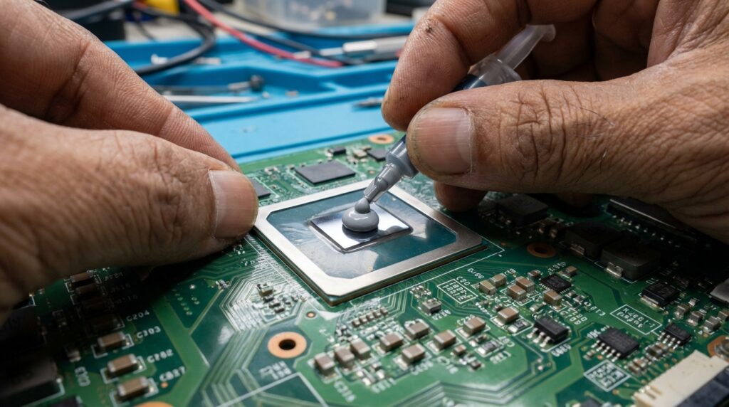 Teknisi sedang mengoleskan thermal paste baru pada chip prosesor laptop menggunakan metode titik tengah.