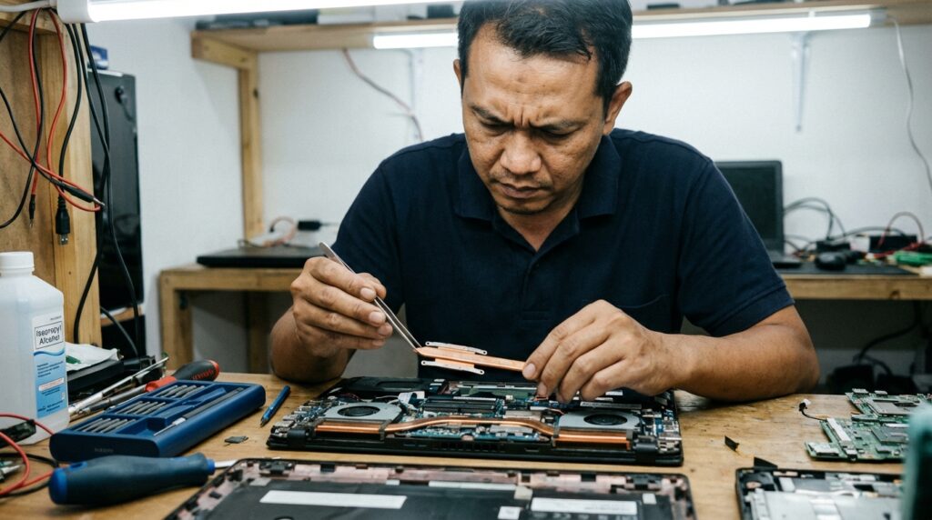 Teknisi sedang mengoleskan thermal paste baru pada chip prosesor laptop menggunakan metode titik tengah.